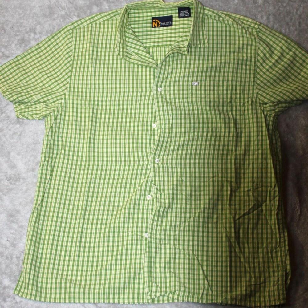 Nautica Jeans Company Shirt Mens L Green Check Button Up Short Sleeve Pockets